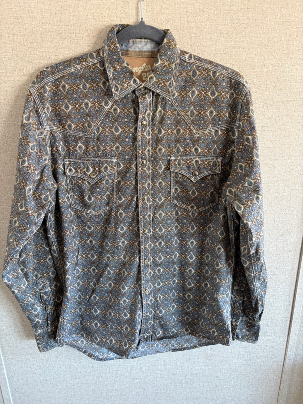 Wrangler 20X Western Shirt Sz S Blue Brown Geometric Print Pearl Snap Cowboy